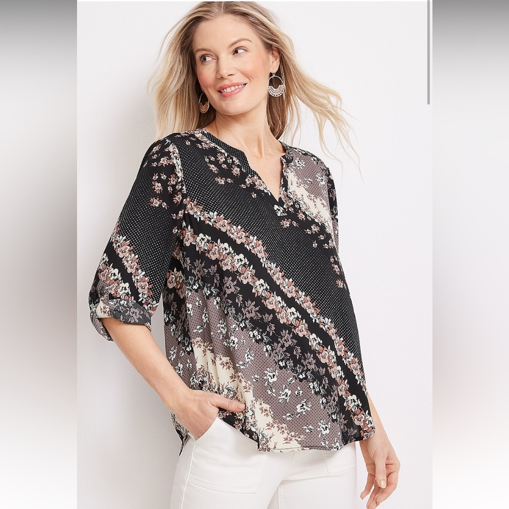 Maurices Atwood Black and Pink Floral Poppver Blouse